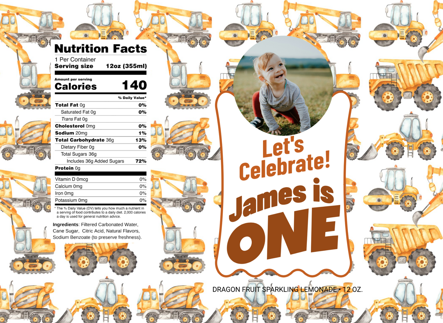 Construction Trucks First Birthday Beverage